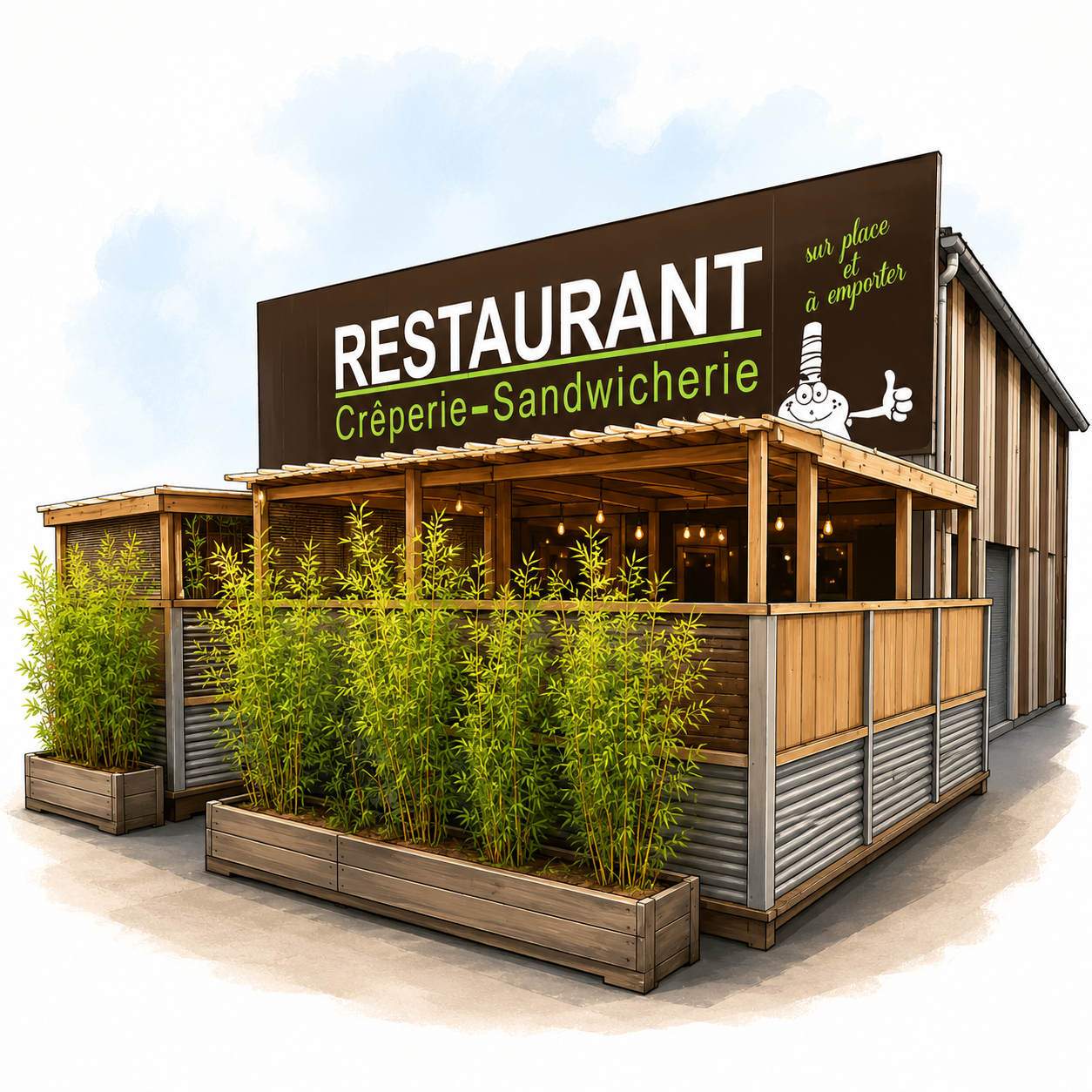 Vue extérieure du restaurant La Détente à Vezin-le-Coquet – terrasse couverte en bois et bambous, enseigne Restaurant Crêperie Sandwicherie, Route de Lorient Rennes Ouest